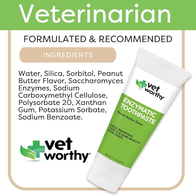 Vet Worthy Peanut Butter Enzymatic Toothpaste for Dogs - For Clean, Healthy Teeth and Gums - Freshen Dogs Breath - Peanut Butter Flavor - Made in the USA - Start Your Dog’s Dental Routine Today - 3oz