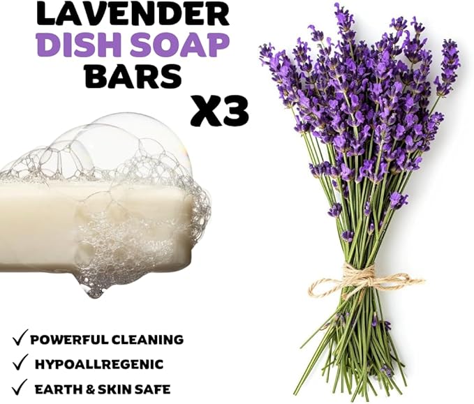 KELEBS Lavender Hypoallergenic Dish Soap Bar - Organic - Pack of 3, Skin-Safe, Non-Toxic, Sustainable Kitchen Soap - Zero Waste