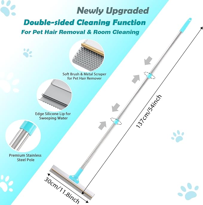 Hotsky Carpet Rake for Pet Hair Removal,3 in 1 Reusable Silicone Carpet Broom,54 inch Adjustable Cat Dog Hair Remover Tool with Lint Scraper and Patented Design for Rugs,Mats,Sofas,Floors
