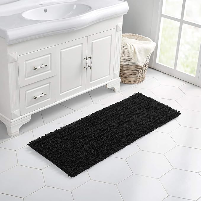 Walensee Large Bathroom Rug Non Slip Bath Mat (24x60 Inch Black) Water Absorbent Super Soft Shaggy Chenille Machine Washable Dry Extra Thick Perfect Absorbant Best Plush Carpet for Shower Floor
