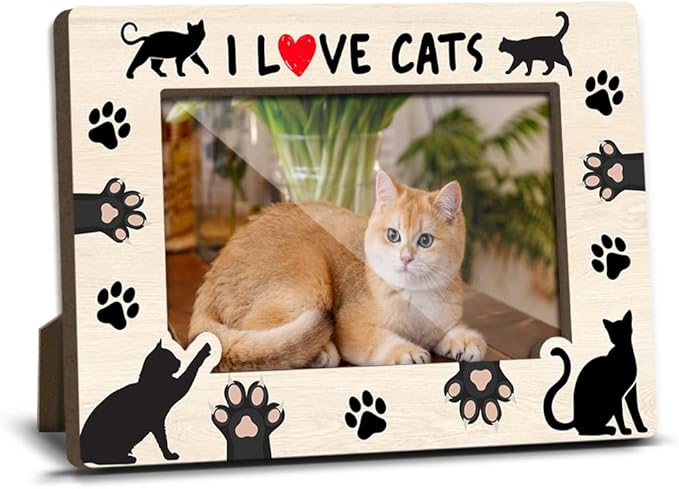 I Love Cats Wooden Picture Frames Present for Cat Lover Pet Owner Women Girls Friends Kitten Memorial Keepsake Home Office Living Room Tabletop Decor Picture Picture Frames 4x6 Photo - YY024