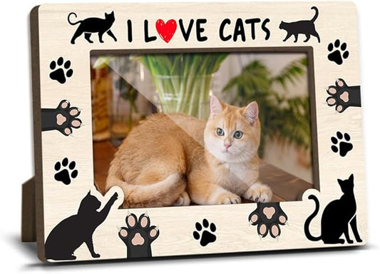 I Love Cats Wooden Picture Frames Present for Cat Lover Pet Owner Women Girls Friends Kitten Memorial Keepsake Home Office Living Room Tabletop Decor Picture Picture Frames 4x6 Photo - YY024