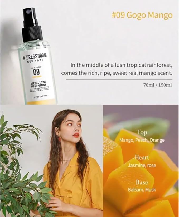 W.Dressroom No.09 Gogo Mango Living Clear Perfume, Body Mist & Fabric Spray Deodorizer, Alcohol-Free Water-Based, Odor Neutralizer for Clothes, Bedding & Room, Travel Size 2.36 oz