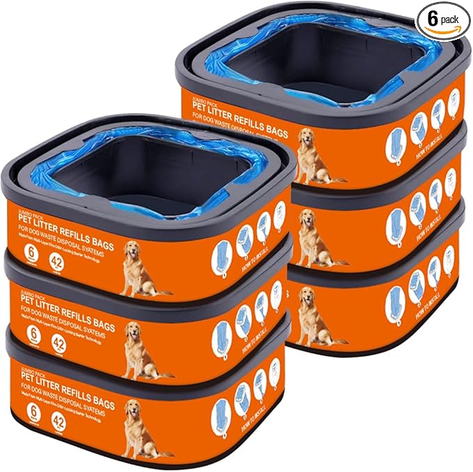 42 FT Jumbo Square Refills Disposal Bags Refill Compatible with Pet Dogs Genie Dog Waste Disposal System Pails, Up to 6 months of Supply,Ultimate Odor Control Dog Poop Bags (6 Pack)