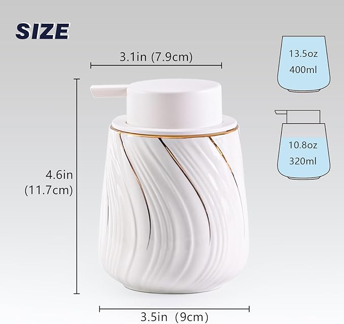 Foam Hand Soap Dispenser - 13.5 oz Ceramic foaming Hand soap Dispenser with Easy-to-Press Pump for Bathroom refillable Liquid Hand soap Dispenser (Foam-White with Gold Thread)