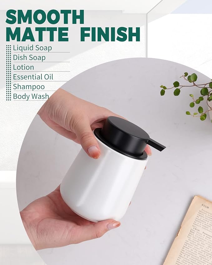 Bosilunlife Liquid Soap Dispenser - 12Oz Lotion Dispenser with Pump Matte White Ceramic Soap Dispenser Bathroom Dish Hand Wash Dispenser for Kitchen Pump Dispenser