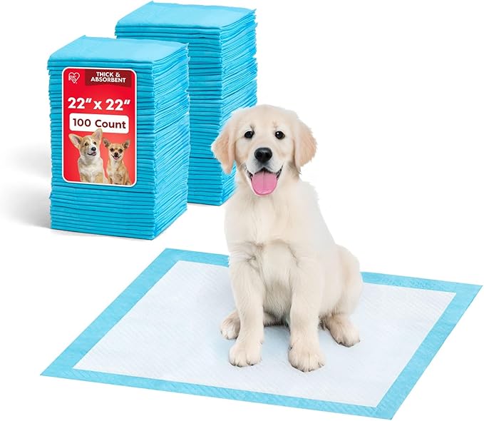 IRIS USA Dog Pee Pads – Puppy Essentials, Dog Pads, Quick Dry, Leak Proof, Thick Absorbent 6-Layer Design for Potty Training, Regular Size 22" x 22", 100 Count