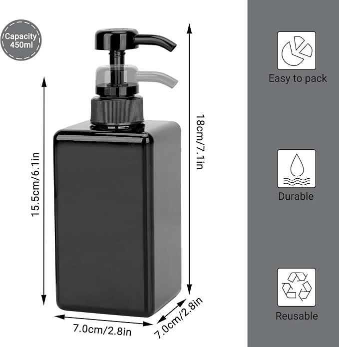 Suream Plastic Shampoo Bottles with Pump 15oz/450ml, Black Bathroom Shampoo and Conditioner Dispenser, Refillable Reusable Empty Pump Press Bottle for Shower, Massage Oil, Lotion, Liquid Soap, 3Pack
