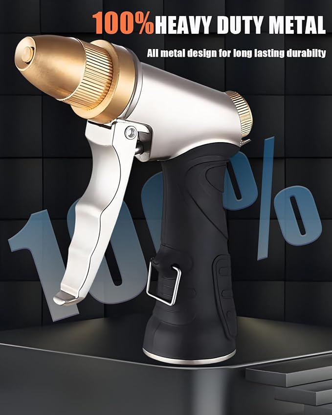 Heavy Duty High Pressure Hose Nozzle, All Metal Brass Adjustable Spray Nozzle for Garden, Car Washing & Pet Showering, Spray Modes - Jet Sprayer for Water Hose