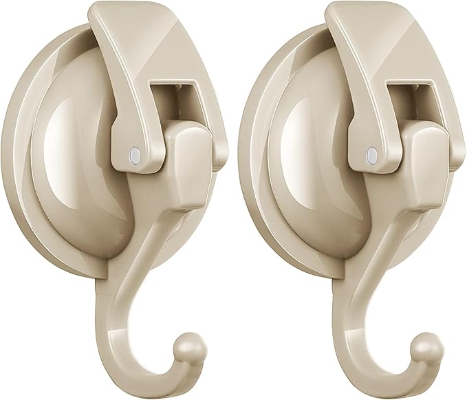 Heavy Duty Vacuum Suction Cup Hooks, Oyster White Plated Polished Super Suction for Kitchen Bathroom, 2 Pack