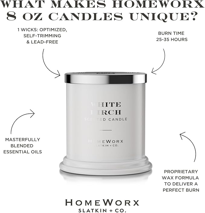 HomeWorx by SLATKIN + CO. Candle- White Birch, 8 oz. Premium Scented Candle - 25-35 Hours Burn Time