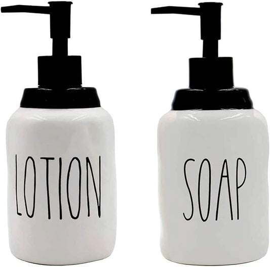 2 Pack Ceramics Lotion and Soap Dispenser Set for Kitchen and Bathroom, Modern Farmhouse, Perfect for Counter Décor, Refillable Liquid Hand Soap Dispenser (Lotion + SOAP)