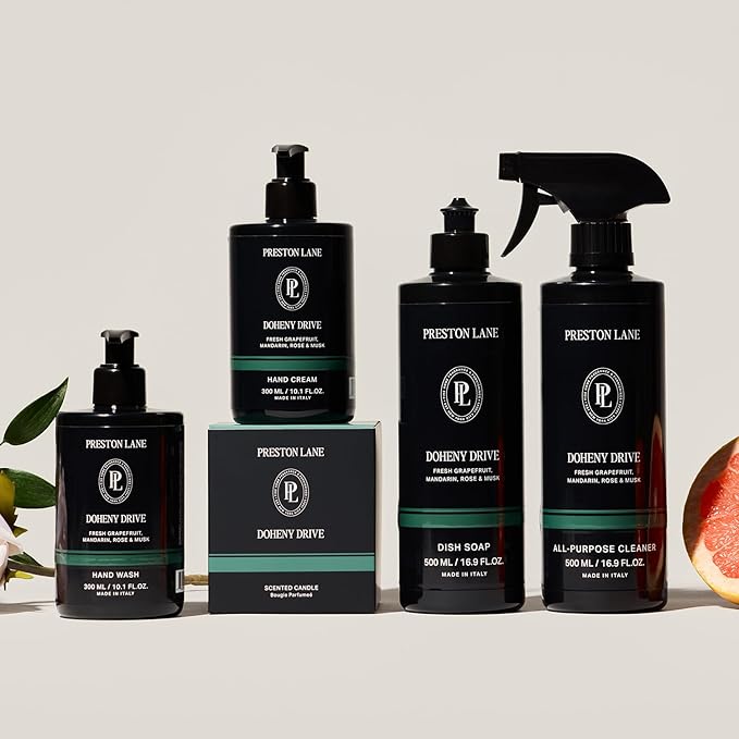 Preston Lane Signature Home Set – All Purpose Cleaner, Dish Soap, Hand Wash, Hand Cream & Scented Candle | Plant-Powered Cleaning & Care Essentials with Fine Italian Fragrance, Doheny Drive