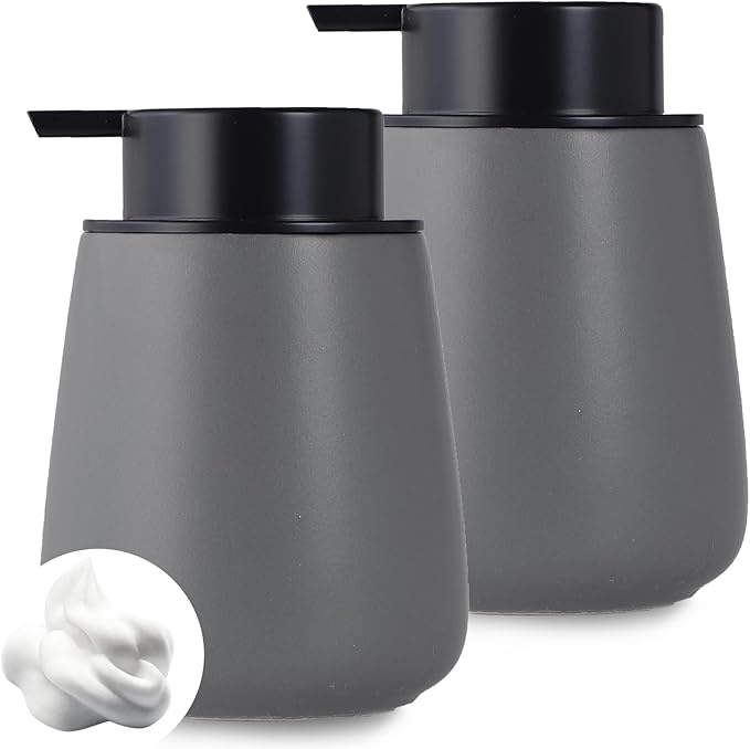 12Oz Grey Foaming Soap Dispenser - Ceramic Foam Hand Soap Dispenser Set with Easy-to-Press Pump, Refillable Liquid Dish Soap Dispensers for Bathroom and Kitchen, 2 Pack