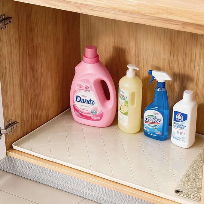 34" x 22" Under Sink Liner and Protector for Bottom of Kitchen Sink Beige, Waterproof Under-Sink Organizers Sink Mat Protectors, Flexible Silicone Drip Tray Pet Food Mats