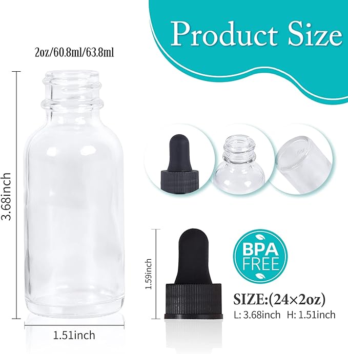 2 oz Dropper Bottle 24 Pack Clear Glass Boston Bottles 60ml with Eye Droppers Black Caps for Essential Oils, Perfume, Leak Proof Travel Bottles for Liquids