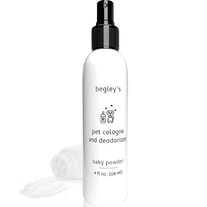 Begley's Pet Cologne and Deodorizer - Premium Essential Oil Dog Perfume Spray Long Lasting and Pet Odor Eliminator - Cat Perfume and Dog Cologne Spray - Baby Powder - 4 oz