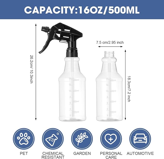 10 Pack Spray Bottles 16 oz Empty Water Spray Bottles for Cleaning Heavy Duty Refillable Squirt ‌container with Measurements Adjustable Nozzle for Household(Black,Clear Style)