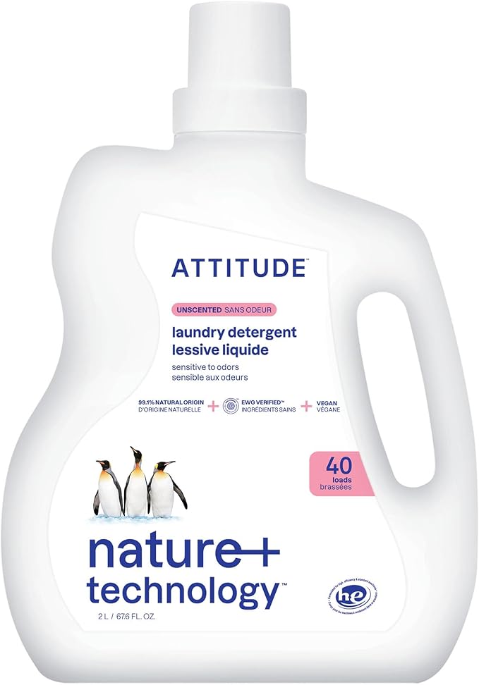 ATTITUDE Liquid Laundry Detergent, EWG Verified, HE Compatible, Plant-Based & Vegan, Natural Laundry Soap, Unscented, 40 Loads, 67.6 Fl Oz