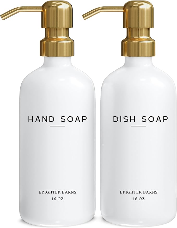 Luxury Glass Hand and Dish Soap Dispenser Set by Brighter Barns - Kitchen Soap Dispenser Set & Stainless Steel Pump - Glass Bottle for Sink - White and Gold Kitchen Accessories for Airbnb, Gift (Gold)