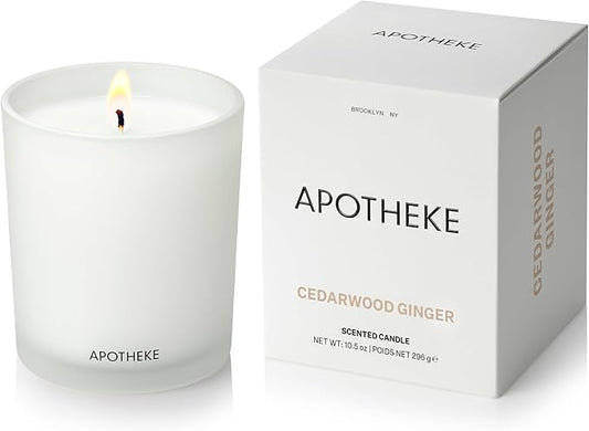 Apotheke Signature Scented Candles for Home, Cedarwood Ginger - 10.5 oz - Soy Wax, Non Toxic, Large Jar White - Luxury Candle Gifts for Women & Men - Patchouli, Red Tea, Fig, and Coconut