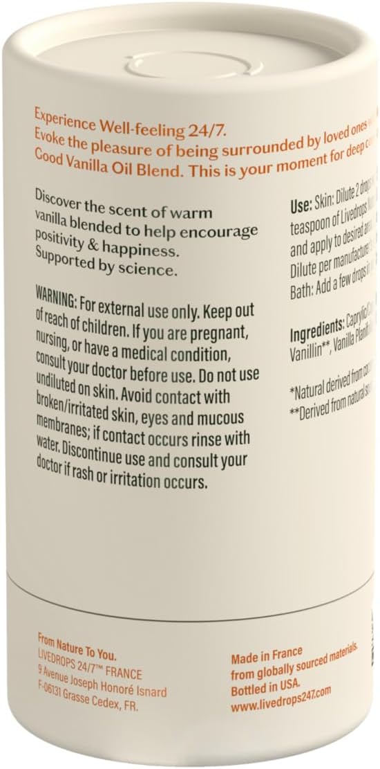 LIVEDROPS 24/7 Good Vanilla Essential Oil Blend, Natural Vegan Aromatherapy for Diffuser or Diluted Skin Use, Sweet Warm Creamy Scent, Made in France, Bottled in USA, Clinically Tested, 10ml