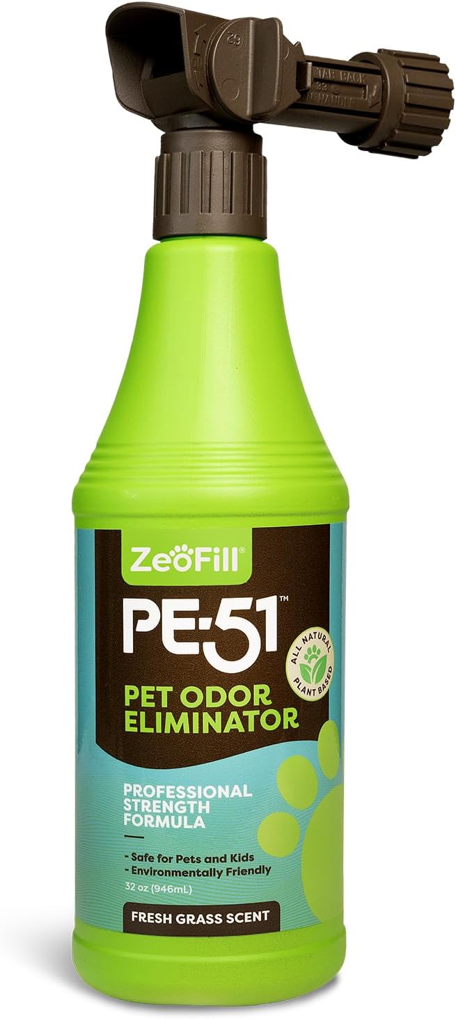 Zeofill PE-51 Pet Odor Eliminator – Urine Odor Neutralizer with Max Flow Garden Hose Spray Nozzle | Pet, Turf & Yard Smell Remover | Cat & Dog Pee Deodorizer Spray | All Natural Enzymes | 32oz Bottle