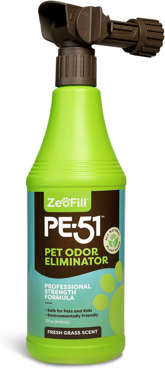 Zeofill PE-51 Pet Odor Eliminator – Urine Odor Neutralizer with Max Flow Garden Hose Spray Nozzle | Pet, Turf & Yard Smell Remover | Cat & Dog Pee Deodorizer Spray | All Natural Enzymes | 32oz Bottle