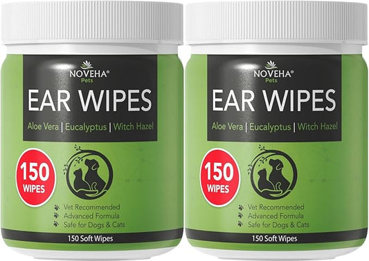 NOVEHA 300PCs Dog Ear Cleaner Wipes, Daily Ear Cleaner for Dogs & Cats - Stop Ear Itching with Aloe, Eucalyptus & Witch Hazel Ear Wipes for Dogs - for Odor Control, Dirt and Wax Removal, Unscented