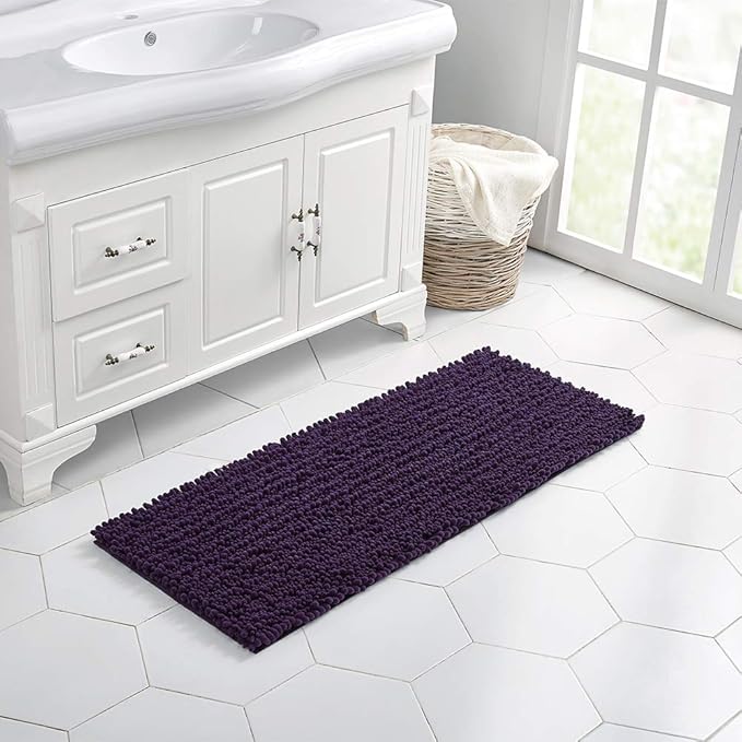 Walensee Bathroom Rug Non Slip Bath Mat (44x24 Inch Dark Purple) Water Absorbent Super Soft Shaggy Chenille Machine Washable Dry Extra Thick Perfect Absorbant Best Large Plush Carpet for Shower Floor