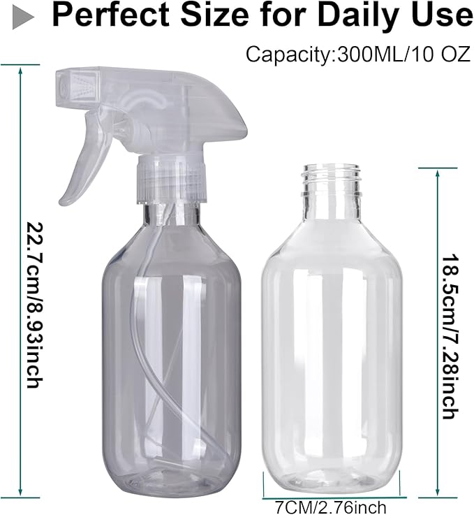 Plastic Spray Bottles - 10.5OZ/300ML Empty Spray Bottles for Cleaning Solutions,Pet, Essential Oils, Hair, Cooking - Mist/Stream Water Bottle