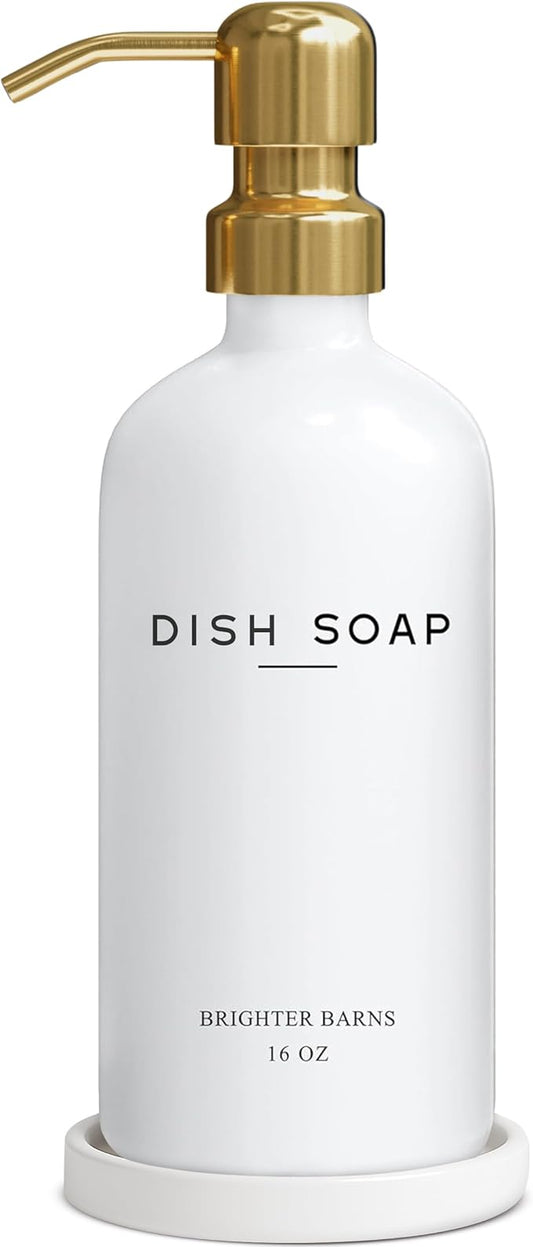 Luxury Glass Dish Soap Dispenser for Kitchen Sink by Brighter Barns - Modern Kitchen Soap Dispenser Set - Refillable Glass Pump Bottle and Tray - White and Gold Home Decor and Accessories, Gift (Gold)
