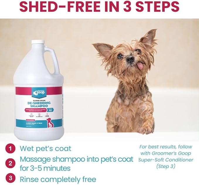 Groomer’s Goop Dander Relief De-Shedding Pet Shampoo – Deep Cleansing Formula Reduces Shedding & Dander in Dogs & Cats, Soothes Dry Skin, Moisturizes with Vegan Collagen - 1 Gallon Bottle
