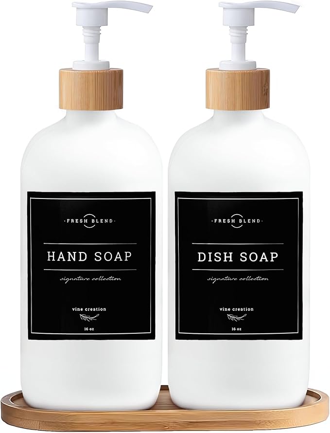 Vine Creations White Glass Soap Dispenser Set - Kitchen Soap Dispenser Set with Tray - Bamboo Dish Soap and Hand Soap Dispensers Set for Bathroom - White Kitchen Decor with Waterproof Labels