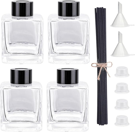 4PCS Glass Diffuser Bottles, Refillable Square Shape With 20pcs Reeds Sticks, Black Caps & Funnel, 3.3" High 100ml 3.52 fl oz. Jars for Home Oil Fragrance Decoration