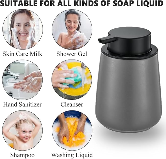 12Oz Grey Soap Dispenser Set - Ceramic Lotion Hand Soap Dispenser Set with Easy-to-Press Black Pump, Refillable Mordern Liquid Dish Soap Dispensers for Bathroom & Kitchen, 2 Pack