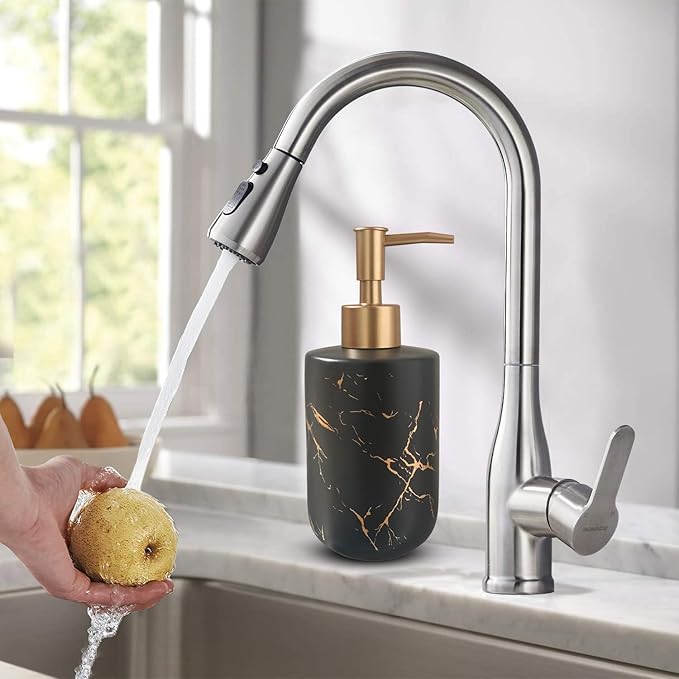 Black Marble Ceramic Soap Dispenser with Golden Pump for Bathroom Kitchen Refillable Dish Dispenser Liquid Hand Dispenser Empty Bottle (Black)
