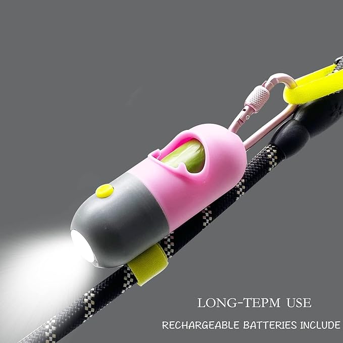 2 Pack Poop Bag Holder with Flashlight Waste Bag Dispenser for Leash with Clip and Battery Poop Bag Dispenser with Green Scented Poop Bags for Dog Walking(Pink,2 Dispenser 60 Bags)