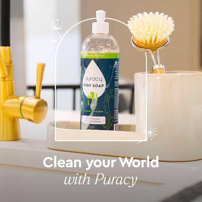 Puracy Natural Dish Soap Refill - Skin-Softening Plant-Based Liquid Dishwashing Detergent Soap, Clean-Rinsing Water-Sheeting Formula (Organic Lemongrass, 16+48 fl oz)