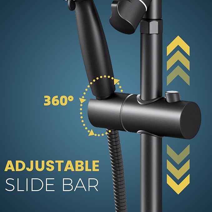 12 Inch Rain Shower Head with 8-Setting Handheld Spray Combo,Black Shower heads with Height Adjustable Shower Arm, Slide Bar with Holder, Stainless Steel Hose