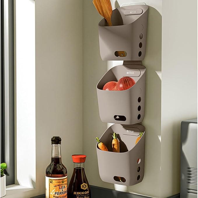 Plastic Hanging Basket Kitchen Storage organizer, Basket with Detachable hook, Hang it behind a door or on a railing, Over the Cabinet Door (Light Gray, Large)2pack