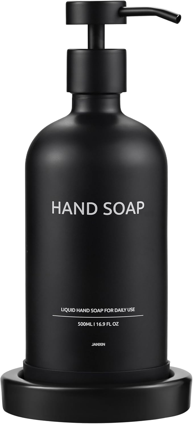 Glass Soap Dispenser Set by Janxin,Bathroom Soap Dispenser Set with Ceramic Tray,Luxury Bathroom Accessories,Modern Kitchen Decor (Black(Hand Soap))
