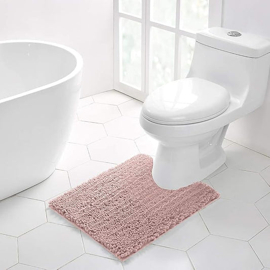 Walensee Bathroom Contour Rug Non Slip Toilet U Shaped Bath Mat (20x24, Dusty Pink) Water Absorbent Super Soft Shaggy Chenille Machine Washable Dry Extra Thick Perfect Absorbant Best Plush Carpet