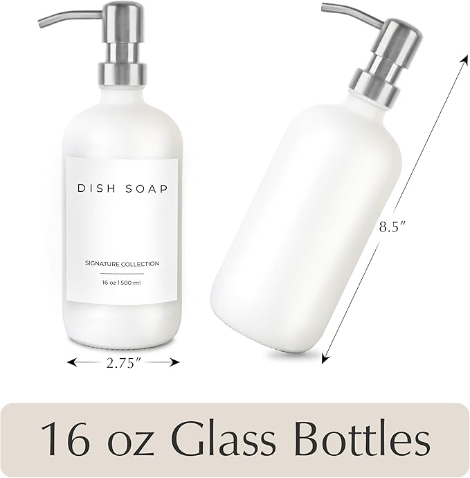 Emerson Essentials Soap Dispenser, Dish Soap for Kitchen - Hand Dispenser Bathroom Set, Kitchen Set Glass Soap Bottles with Pump and Labels, 16 Oz, 2 Pack