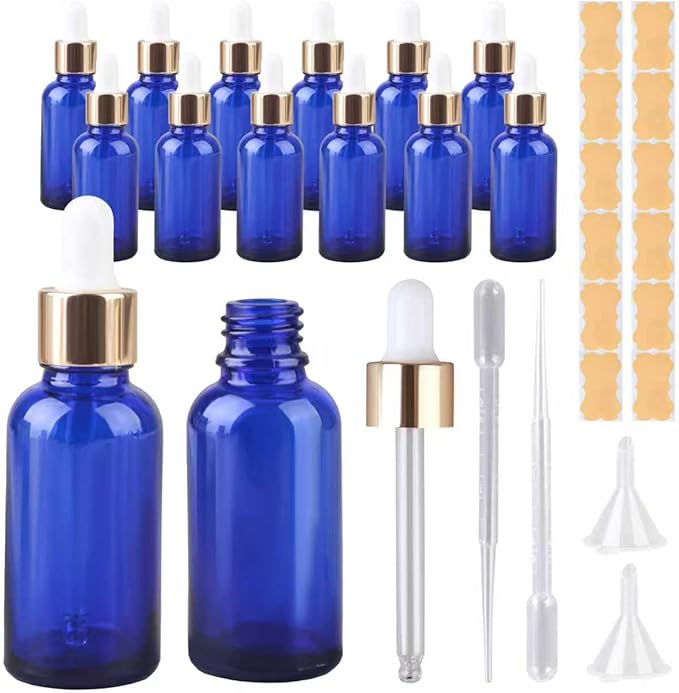 1 oz Dropper Bottles for Essential Oils，12Pack Blue Glass Bottles with Glass Eye Dropper Leak Proof Travel Dispenser Bottle for Essential Oils,tincture, Aromatherapy, Chemistry Lab Chemicals