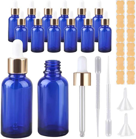 1 oz Dropper Bottles for Essential Oils，12Pack Blue Glass Bottles with Glass Eye Dropper Leak Proof Travel Dispenser Bottle for Essential Oils,tincture, Aromatherapy, Chemistry Lab Chemicals