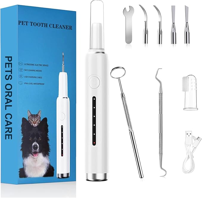 Pet Ultrasonic Plaque Remover,Tooth Cleaning Kit for Tartar and Stains,6 Modes Low Noise Sonic with LED Light,Safe for Dogs and Cat(White)