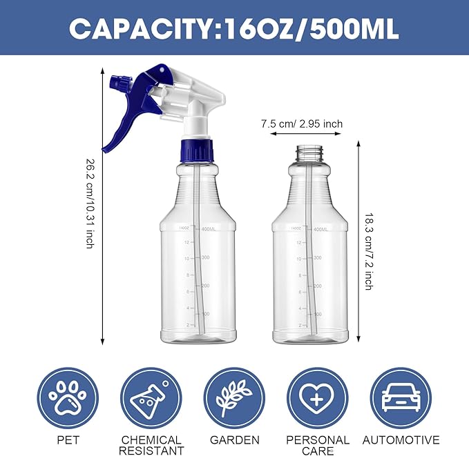 10 Pack Spray Bottles 16 oz Empty Water Spray Bottles for Cleaning Heavy Duty Refillable Squirt ‌container with Measurements Adjustable Nozzle for Household(Blue and White,Clear Style)