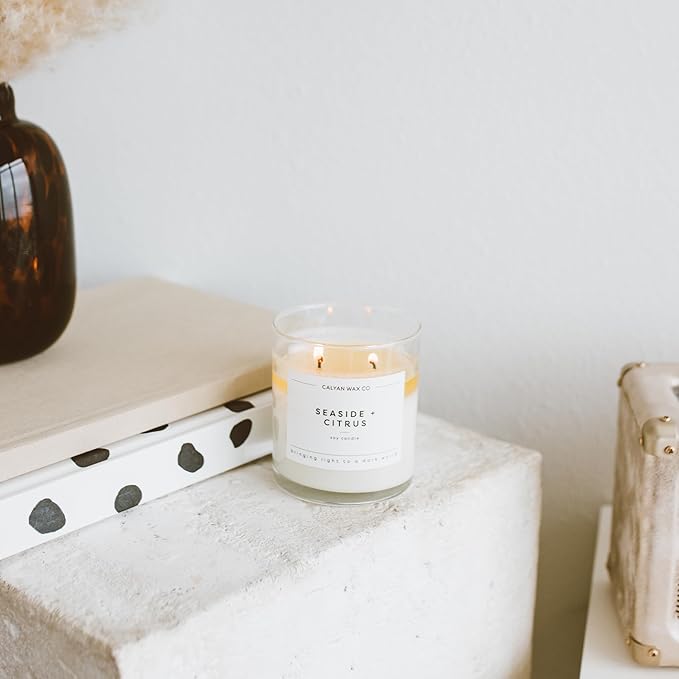 Calyan Wax Co. 2 Wick Candle, Sea Mist + Freesia Scented Candle, 37 Hour Burn Time, Aromatherapy Soy Candles, Non Toxic & Vegan Soy Wax, Glass Tumbler Scented Candles, 12.5oz