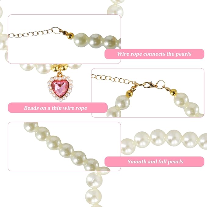 3 Pcs Pearl Cat Collar with Heart Pendant, Adjustable Dog Cats Pet Pearl Collars, Cute Pearl Necklace for Puppies and Kittens (Pink, Green and Lake Blue)